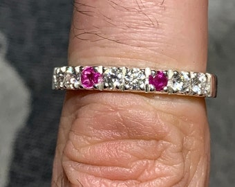 Bague argent 950 - 2 Saphirs rose naturelle d'Australie et Moissanite - anneau éternité alliance gemme rouge cristal brillant diamant