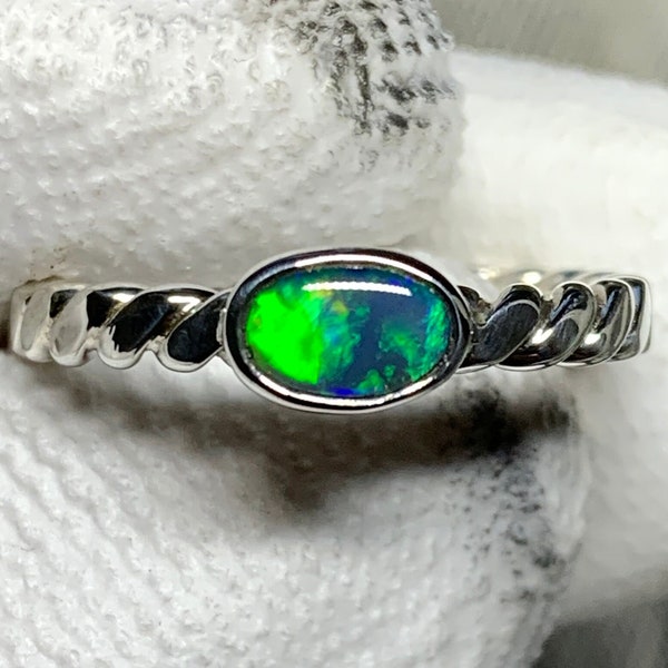 Bague anneau torsadé limé argent 925 53FR Opale cristal Lightning Ridge Australie / sterling massif serti ring round silver opal Bijoux