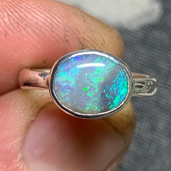 Dark opal ring N7 Lightning Ridge silver 925 - 50 FR Australia / solid sterling 750 gold ring set ring round silver opal Jewelry