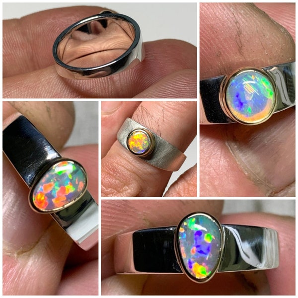 MANUFACTURING Custom - 18K gold & 925 silver ring - Australian Opal / Handmade creation / solid sterling ring round silver opal Jewelry