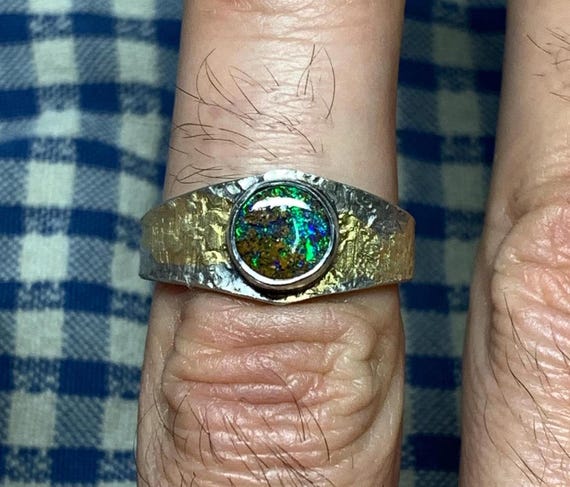 56 FR - Bague argent 925 Opale d'Australie Keum Boo texture Création fait main / sterling massif  anneau serti ring round silver opal Bijoux