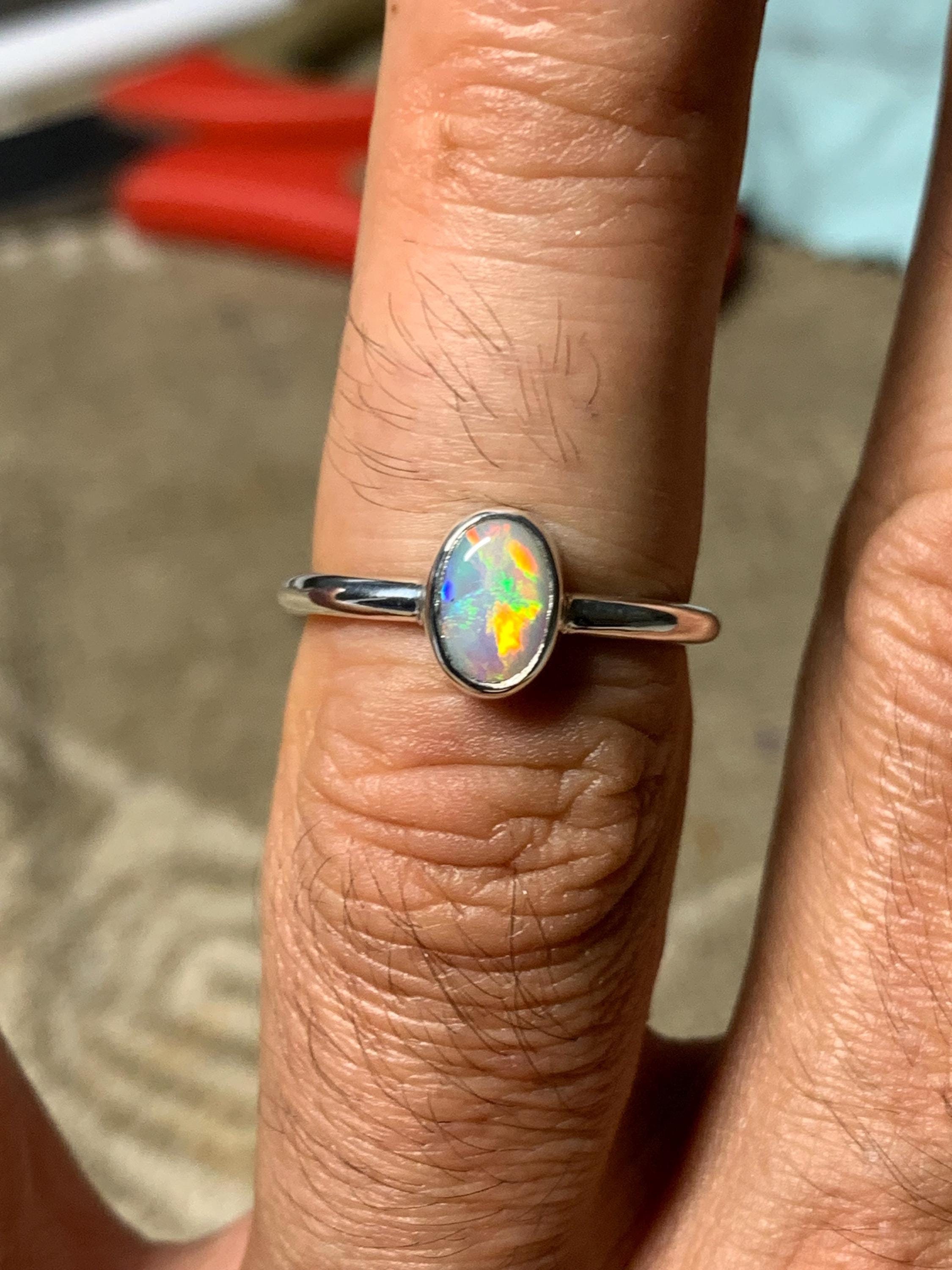 Clear Opal Ring N8 Coober Pedy 925 Silver - 54 FR Australia / Solid Sterling 750 Gold Ring Set Round Silver Opal Jewelry
