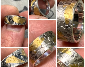Unique Hand Forged Textured Ring - Keum Boo 950 Silver & 24K Gold Handmade Creation - Oxidized Solid Sterling Gold Band Silver