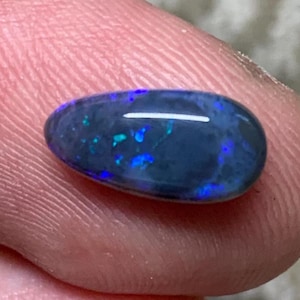 May include: A polished, oval black opal gemstone. The opal exhibits vibrant flashes of blue and teal across its surface. The gemstone is held between fingers, showing its size and lustre.