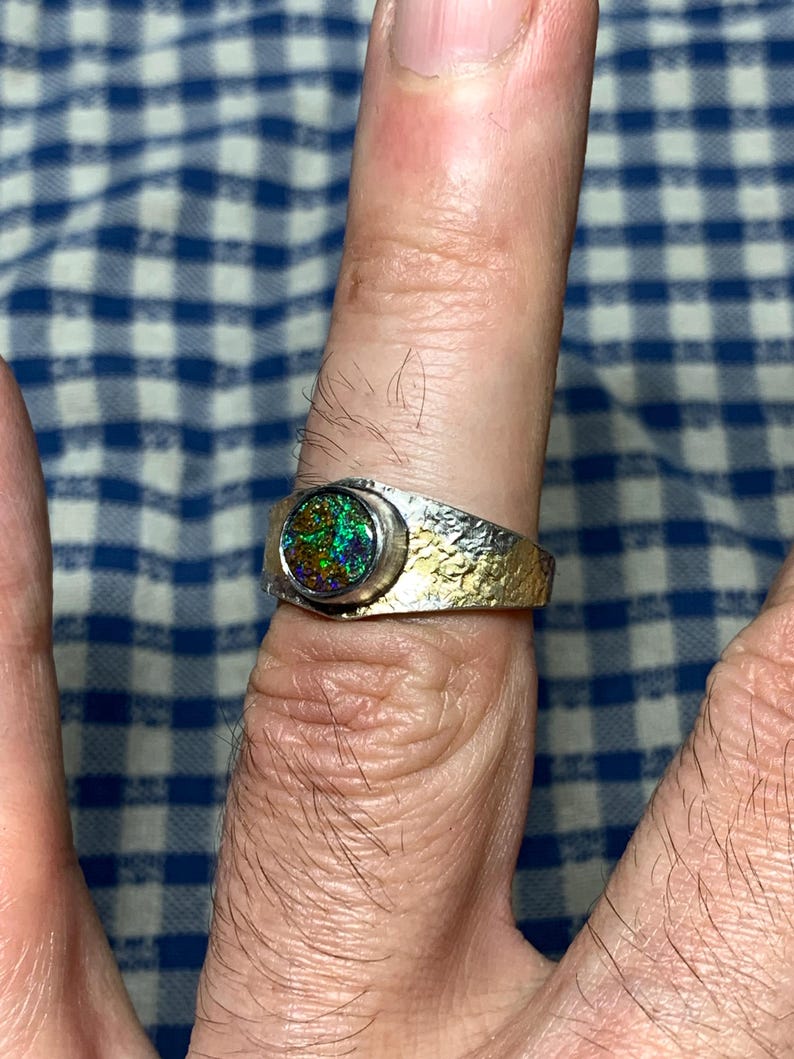 56 FR - Ring i 925 sterlingsilver med australisk opal, Keum Boo texturerad handgjord skapelse / Ring i massivt sterlingsilver, runda silveropalsmycken bild 5