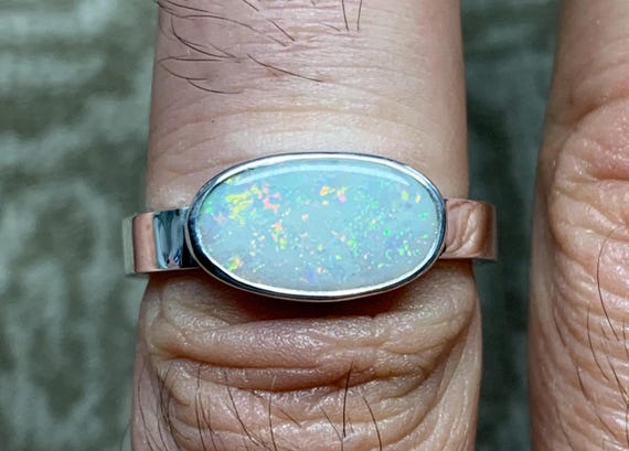 56 FR - Bague opale claire Lightning Ridge argent 925 Australie sterling massif anneau serti ring round silver opal Bijoux