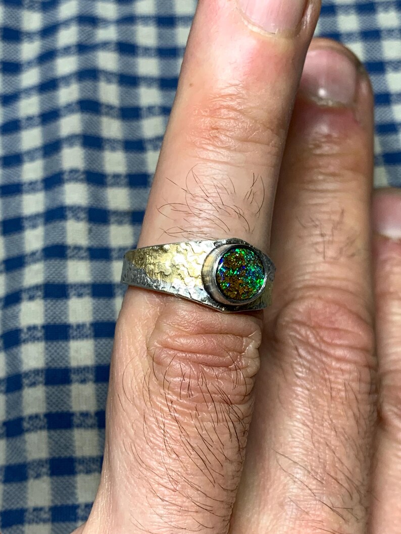56 FR - Ring i 925 sterlingsilver med australisk opal, Keum Boo texturerad handgjord skapelse / Ring i massivt sterlingsilver, runda silveropalsmycken bild 6