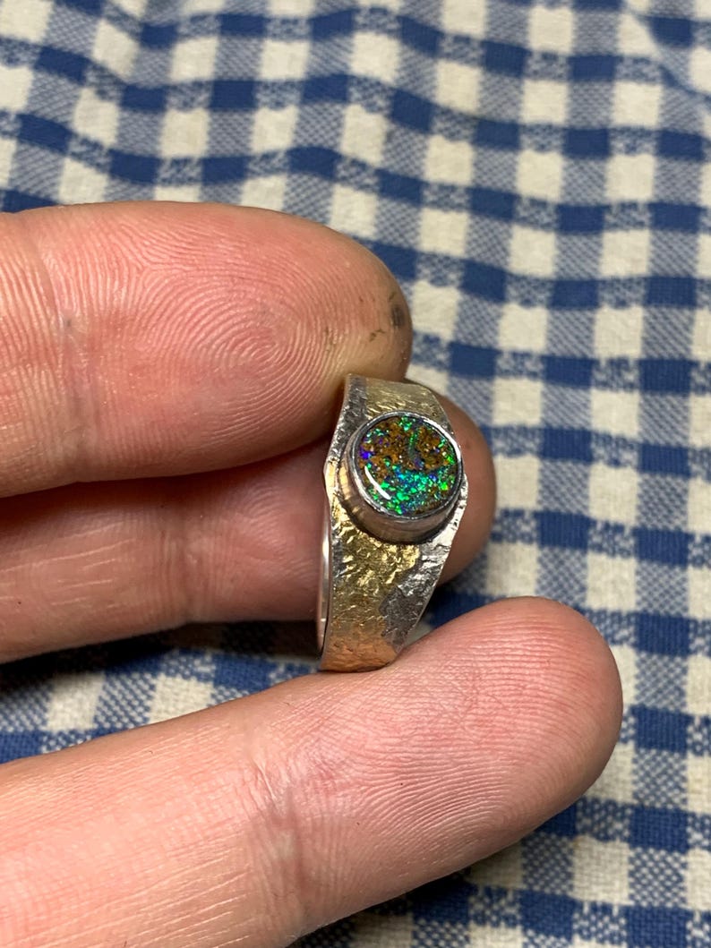 56 FR - Ring i 925 sterlingsilver med australisk opal, Keum Boo texturerad handgjord skapelse / Ring i massivt sterlingsilver, runda silveropalsmycken bild 9