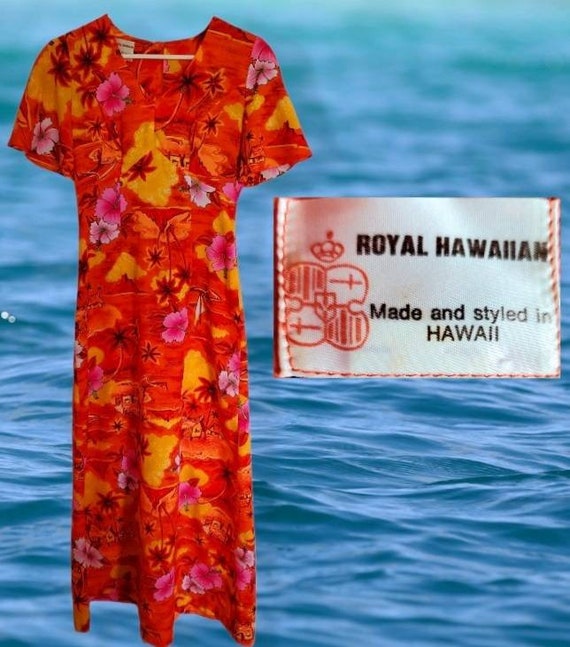 Vintage 70s Royal Hawaiian Orange Orchid Fishing P