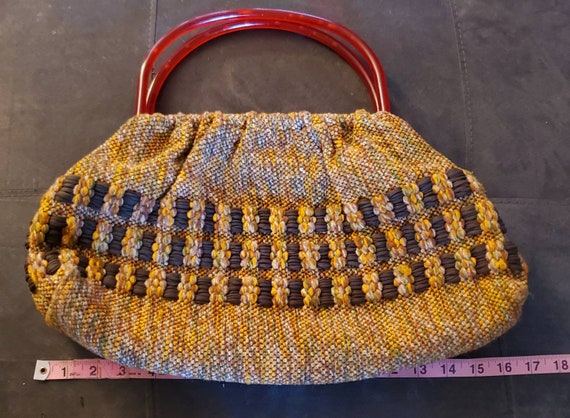 Vintage 60s Burlap Lucite Top Handle Woven Bag / … - image 5