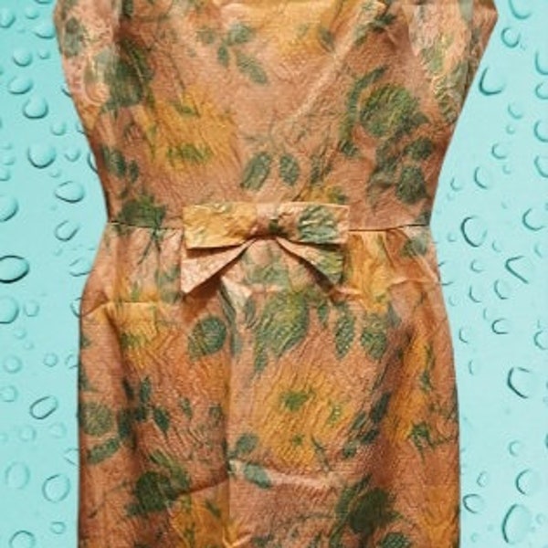 Vintage 60s Gold & Green Sleeveless Floral Print Mod Cocktail Dress Size 13 Bow Textured