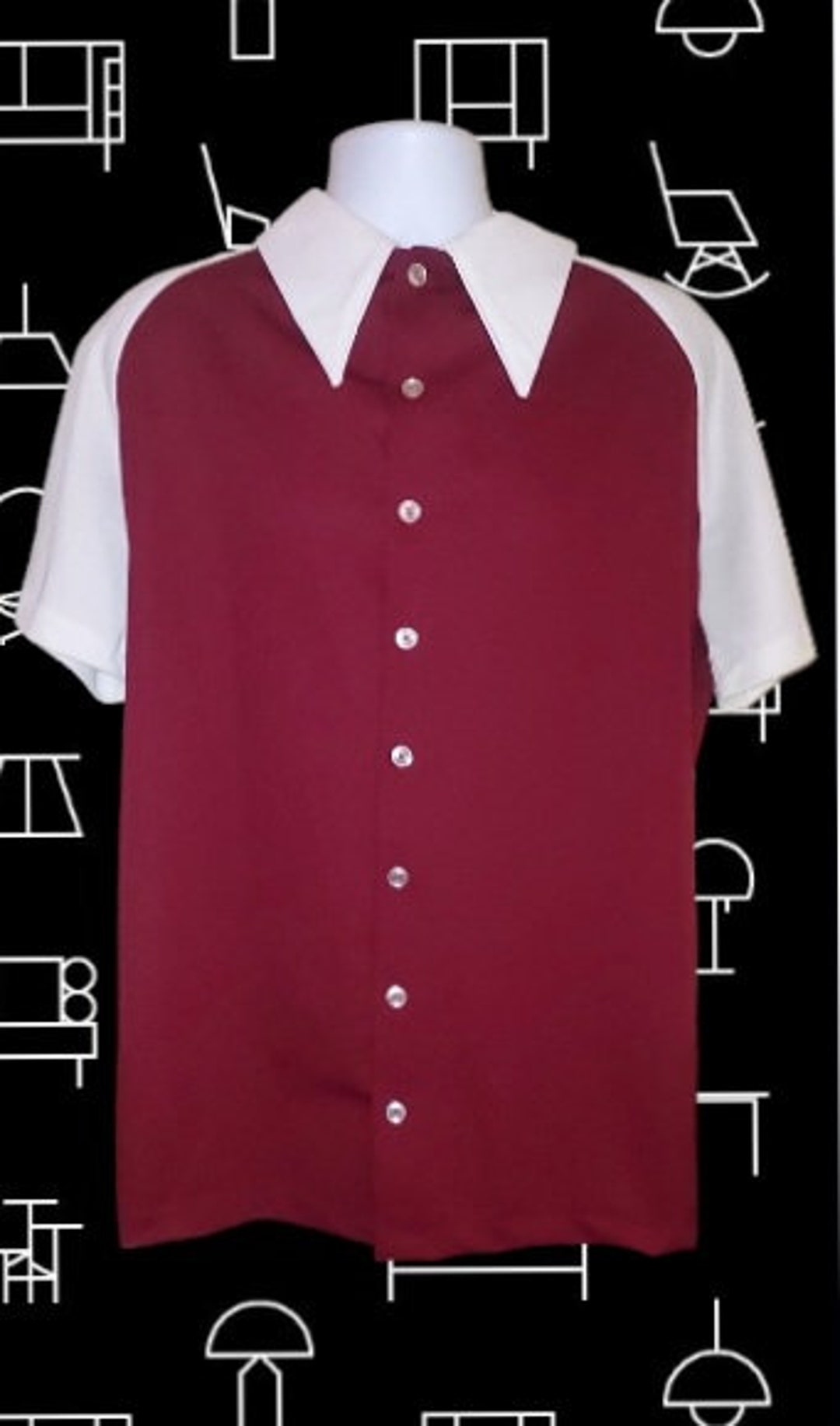 Vintage Mens Bowling Shirt XL Two-tone Red Burgundy & White Mod 