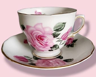Vintage Royal Vale Pink Rose Tea Cup & Matching Saucer Bone China Set Made In England