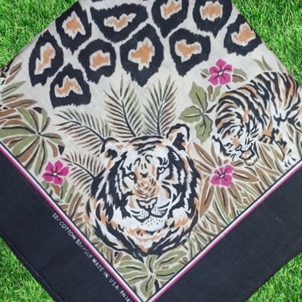 Vintage 80s / 90s NOS Allover Tiger Big Cat Print Bandana 21.5"×21.5" Safari Made In USA Unique Bengal Africa Tribal Unisex