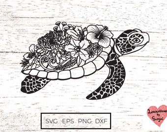 May include: Black and white line art illustration of a sea turtle with flowers on its back. The turtle is facing right and has a detailed shell. The flowers are a variety of types, including hibiscus and chrysanthemums. The image is on a white woodgrain background. The text "Linearflower by Somjai" is in a heart shape in the lower right corner.