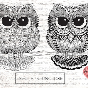 May include: Two black and white detailed owl illustrations with intricate patterns on a white wood background. The owls are perched on a branch and facing each other. The text "SVG EPS PNG DXF" is at the bottom of the image. The text "Lineartlover by Somjai" is in a pink heart shape in the lower right corner.