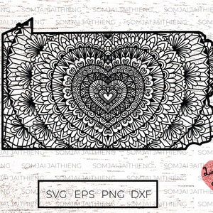 Pennsylvania Karte svg / Herzform Mandala innerhalb Pennsylvania State Karte svg / Zentangle svg / Mandala svg /Svg-Dateien für Cricut 0088