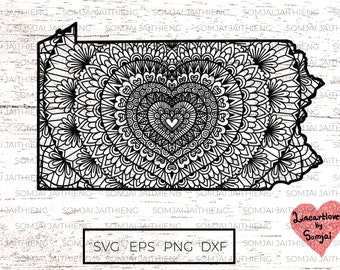 Pennsylvania map svg / Heart shape mandala inside Pennsylvania state map svg /  Zentangle Svg / Mandala Svg /Svg Files for Cricut  0088