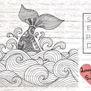 May include: A monochrome illustration of a whale's tail and waves, with decorative patterns. The image includes file type labels: SVG, EPS, PNG, DXF, and a heart-shaped logo with the text "Lineartlover By Somjai".