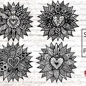 4 diseños de estilo mandala de girasol dibujados a mano tanto para uso personal como comercial. 0078
