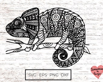 Chameleon svg file, Chameleon sit on a branch svg file, chameleon zentangle  0126