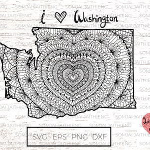Washington Karte svg / Herz Form Mandala innen Washington State svg / Zentangle SVG / I love Washington svg / SVG-Dateien für Cricut 0339