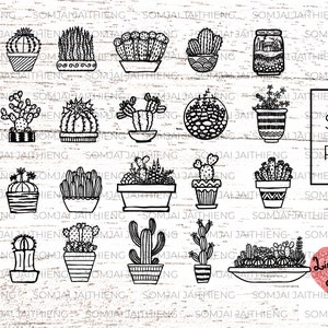 May include: A set of 20 black and white illustrations of various potted succulents and cacti. The illustrations are in a hand-drawn style and feature different types of plants, including a cactus with a flower, a cactus with a prickly pear, and a succulent with a rosette of leaves. The illustrations are perfect for use in crafting projects, scrapbooking, or digital design.