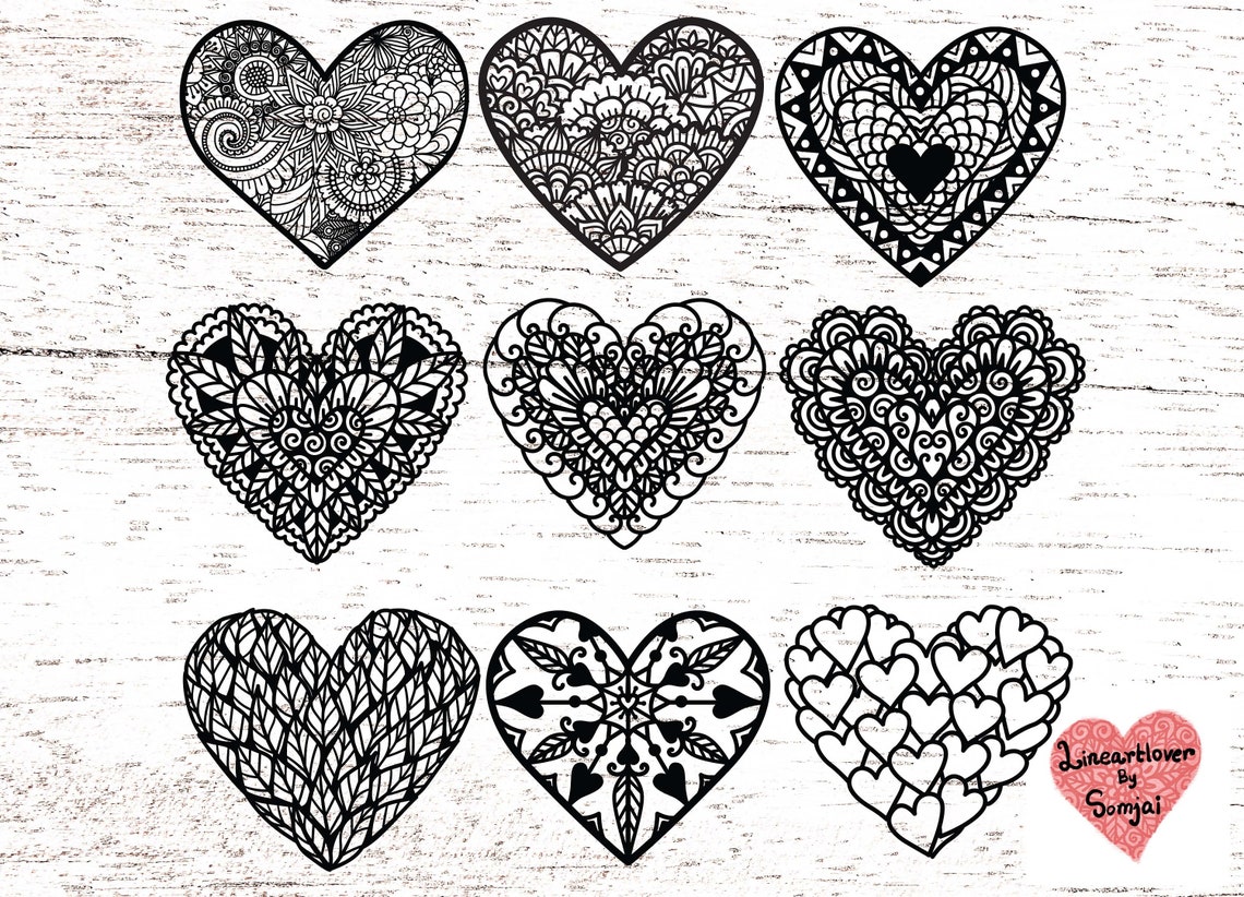 9 Styles of Heart Svg, Heart Zentangle Svg, Heart Mandala Svg, Heart ...