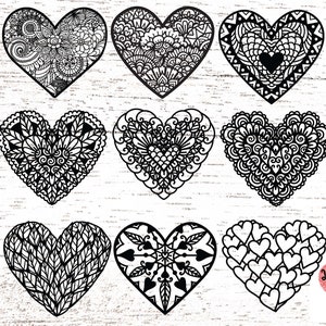 9 stili di cuore svg, cuore zentangle svg, cuore mandala svg, cuore fiore svg, zentangle svg, mandala svg, file svg per cricut. 0042