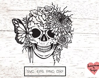 Süßer Schädel svg, Schädel svg, Blumenschädel svg, Schmetterlingsschädel svg, Blumenschädelsvg-Dateien für Cricut oder glowforge, Png für Sublimation 0318