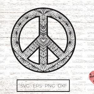 Segno di pace in formato SVG / Mandala a forma di cuore all'interno della forma del segno di pace in formato SVG / Zentangle Svg / Mandala in formato Svg / Love Peace Svg Files per Cricut 0336