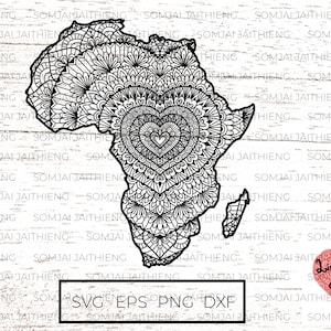 Afrika Landkarte svg / Herzform Mandala in Afrika landkarte svg / Zentangle svg / Mandala svg svg Files for Cricut 0176