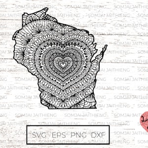 Wisconsin Karte svg / Herz Form Mandala innen Wisconsin Karte Zentangle SVG / Bundesstaat Wisconsin SVG / SVG-Dateien für Cricut 0335
