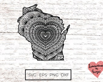 Wisconsin map svg / Heart shape mandala inside Wisconsin map /  Zentangle Svg / Wisconsin state Svg / Svg Files for Cricut  0335