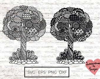 Two styles of tree on rocks svg / tree zentangle svg / zentangle svg, mandala svg /  svg files for cricut.