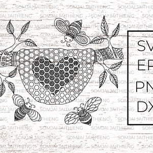 Ape svg, ape, cuore svg, nido d'api, api da miele volano intorno al nido zentangle svg, zentangle svg, mandala svg, animali svg file per cricut.
