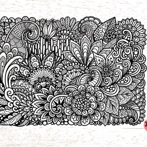 May include: Black and white intricate line art drawing of a floral design with swirls and patterns. The art is labeled "Lineartflower by Somjai".