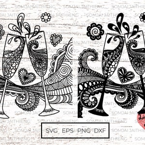 Dos estilos de copas de champán Flauta Svg/copa de champán svg/copa de champán png/zentangle svg/Svg Archivos para Cricut 0154
