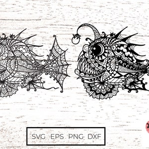 2 styles of Anglerfish Svg /  zentangle svg / mandala svg/ animal svg/ deep sea fish Svg Files for Cricut  or glowforge  0172