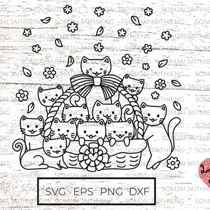 Süße Katzen im Körbchenvg /Geburtstagsparty/Feier /Frühlingszeit /Svg-Dateien für Cricut /Silhouette-Dateien 0174