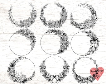 9 Hand Drawn Christmas Wreaths, Hand drawn Christmas card, Pine Cone svg, holly leaves svg for engraving, printing and so on.  0386