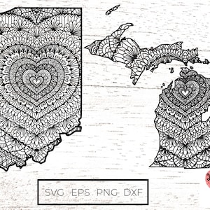 Indiana & Michigan Karte svg / Herz Form Mandala innen Indiana oder Michigan Bundesstaat svg / Zentangle SVG / Mandala SVG-Dateien für Cricut 0334