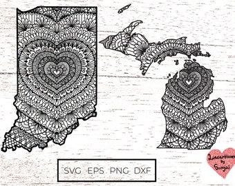 Indiana & Michigan map svg / Heart shape mandala inside Indiana or Michigan state svg /  Zentangle Svg / Mandala Svg Files for Cricut  0334