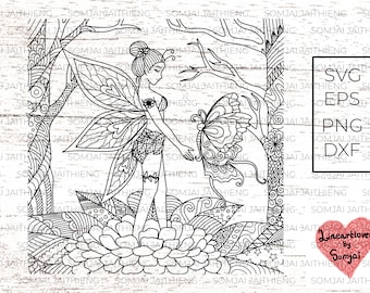 Fairy girl playing with butterfly svg,heart zentangle svg, heart mandala svg, flower svg, tree svg, svg files for cricut.