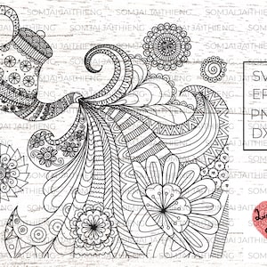 Könnte beinhalten: Schwarz-weiß-Linienkunst-Illustration einer Teekanne, die einen Strom aus stilisierten Blumen und Blättern gießt. Das Design ist kompliziert und detailliert, mit einer Vielzahl von Mustern und Formen. Das Bild enthält den Text "Lineartlover by Somjai".