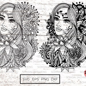 Dois estilos de Fairy Girl SVG, Fairy Girl Mandala SVG, Fairy Girl Zentangle SVG, Silhouette SVG, arquivos SVG para Cricut ou Glowforge 0030