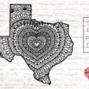 Texas Karte svg / Herz Form Mandala innen Texas Karte / Zentangle SVG / Mandala SVG / SVG-Dateien für Cricut / Silhouette Dateien 0057