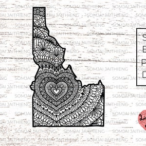 Idaho carte svg / Mandala forme du cœur à l’intérieur idaho svg / Zentangle Svg / Mandala Svg / Svg Files pour Cricut