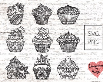 Hand drawn cupcapes svg, cupcakes zentangle svg, zentangle svg, mandala svg, cupcake svg files for cricut.  0114