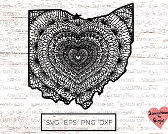 Ohio map svg / Heart shape mandala inside Ohio svg/  Zentangle Svg / Mandala Svg / Ohio svg/ Svg Files for Cricut